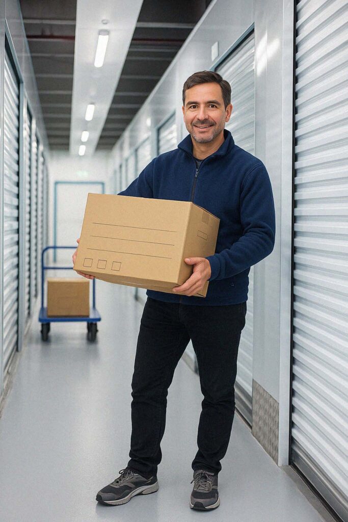 Photo d'une personne tenant un carton devant des box