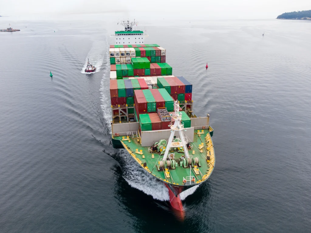Aerial top view big container ship, shipping or transportation concept background