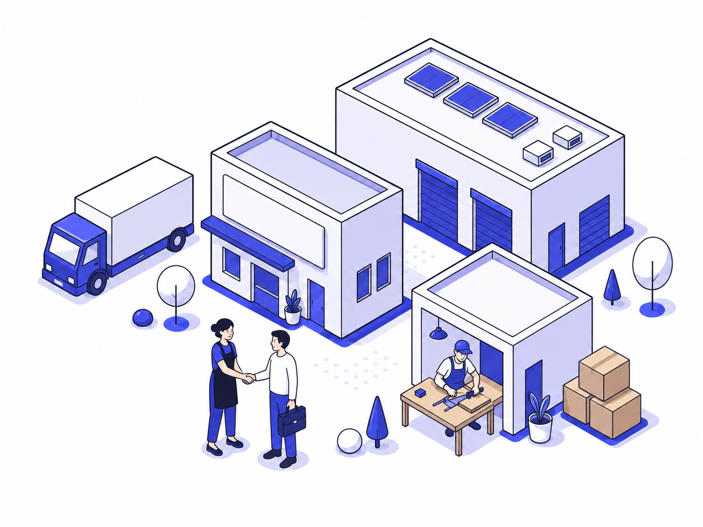 Isometric logistics hub with workshop and partnership